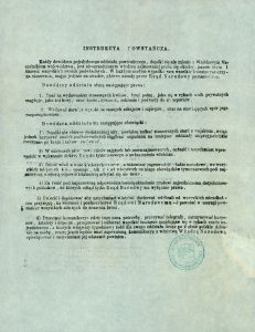 Sukilimo instrukcija. Lietuvos provincijos komiteto vardu ją parengė K. Kalinauskas pagal atitinkamas Lenkijos tautinės vyriausybės instrukcijas. Manoma, kad instrukcija parengta ne vėliau kaip 1863 m. vasario 27 (kovo 11) d., iki Lenkijos tautinei vyriausybei paskelbiant 1863 m. kovo 11 d. dekretą dėl Lietuvos provincijos komiteto pertvarkymo į Lietuvos provincijų valdymo skyrių. Su Tautinės vyriausybės Lietuvos provincijų valdymo skyriaus, įkurto 1863 m. vasario 27 (kovo 11) d. vietoje Lietuvos provincijos komiteto, antspaudu. Yra žinoma Lietuvoje ir Baltarusijoje platinta instrukcija, papildyta 7 ir 8 straipsniais. Iš Šv. Pranciškaus Asyžiečio (Bernardinų) bažnyčioje Vilniuje 1989 m. rasto sukilėlių archyvo. 1863 m. vasario mėn. LNM R 15983/1. Lietuvos nacionalinis muziejus. Naudojimo teisės: CC BY-NC-ND. Nuotrauka iš LIMIS