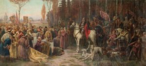 Mykolas Elvyras Andriolis. Vytautas Didysis pas kryžiuočius. Iš Boleslovo Stadzevičiaus išleisto aplanko „Lietuvos praeities vaizdai“, Nr. 20. 1930 m. Lietuvos nacionalinis muziejus. Naudojimo teisės: CC BY-NC-ND. Nuotrauka iš Europeanos