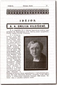 Pranešimas Vilniaus lietuvių laikraštyje apie Emilijos Vileišienės mirtį. Nuotr. iš kn.: Aničas, Jonas. Antanas ir Emilija Vileišiai: gyvenimo ir veiklos bruožai. – Vilnius, 1999, p. 420. Lietuvos nacionalinė Martyno Mažvydo biblioteka. Naudojimo teisės: PD. Prieiga per ePaveldą