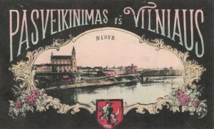 Pasveikinimas iš Vilniaus [Grafika] : Nerys : [su Vyčio herbu]. - Warszawa : [wyd. Fr. Karpowicz], [1906]. - 1 atvirukas : spalv.